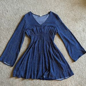 En Crème Navy Blue Dotted Dress with Smocked Waist